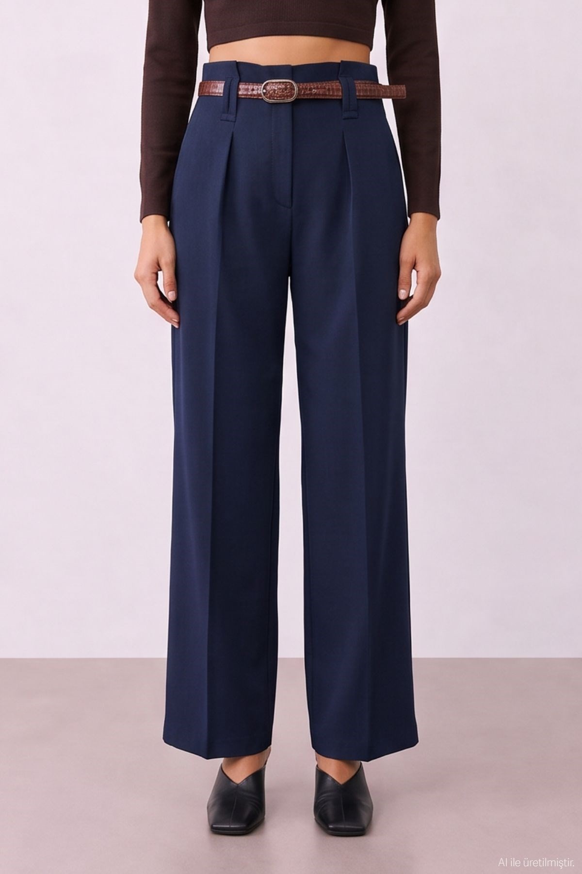 Quzu Belted Detailed Trousers Navy