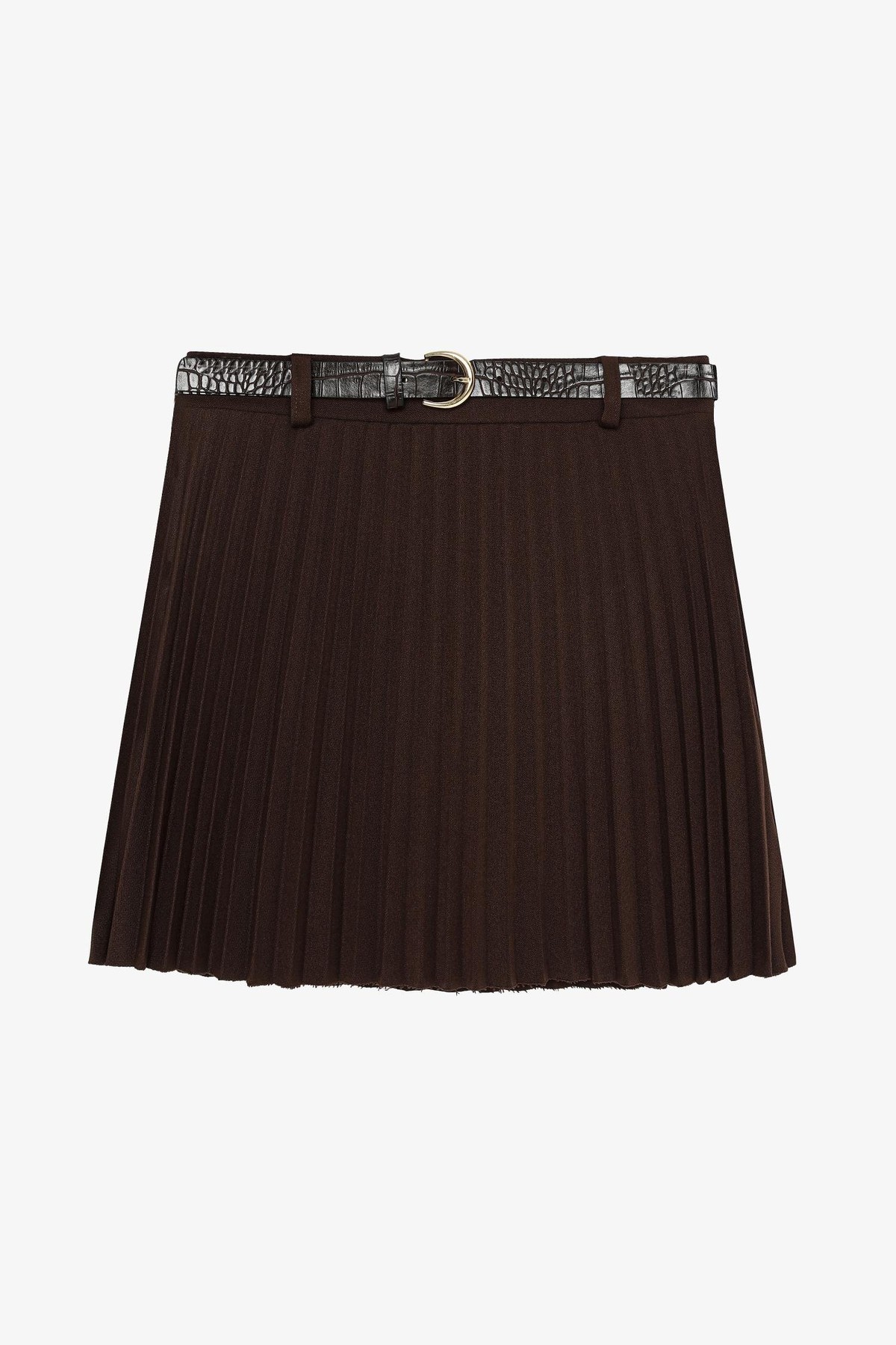 Quzu Kemer Detaylı Piliseli Etek Kahve