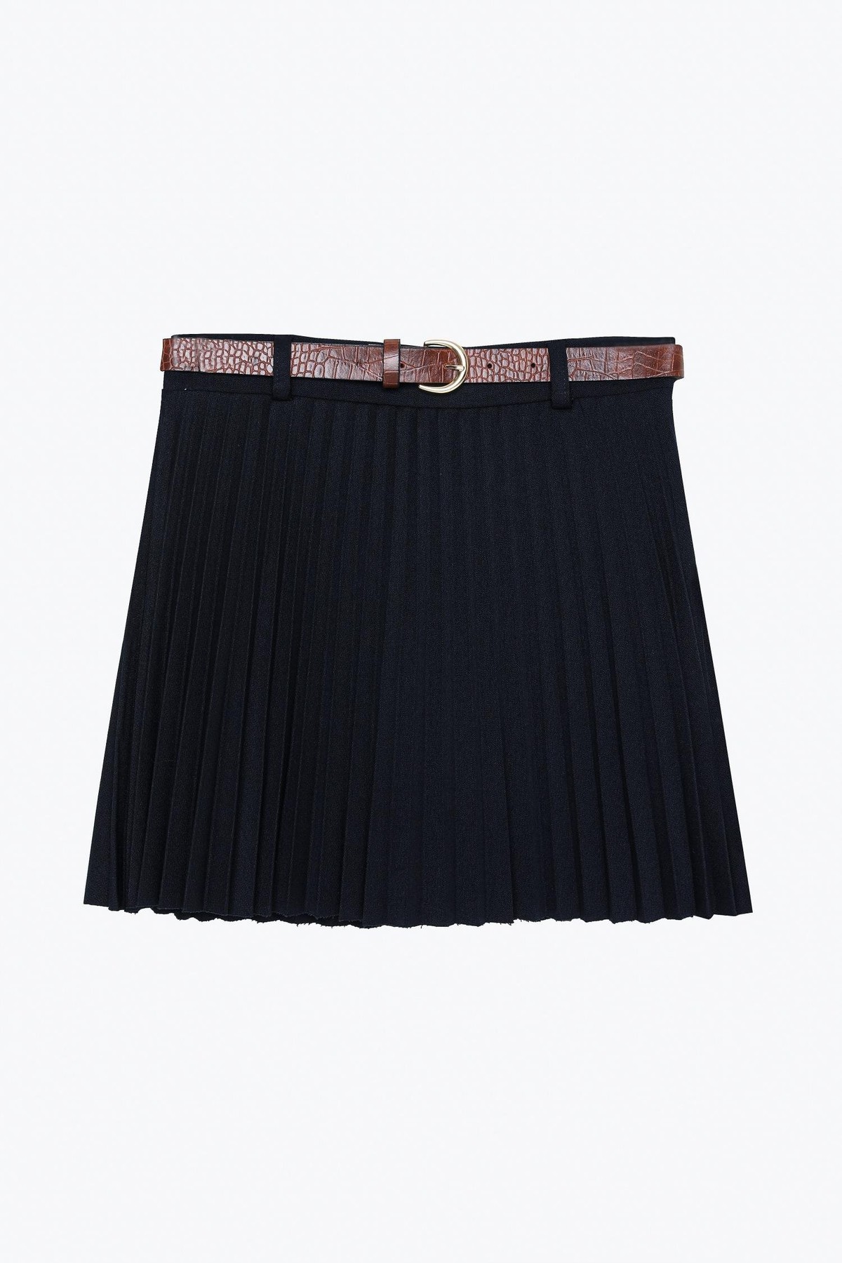 Quzu Kemer Detaylı Piliseli Etek Lacivert