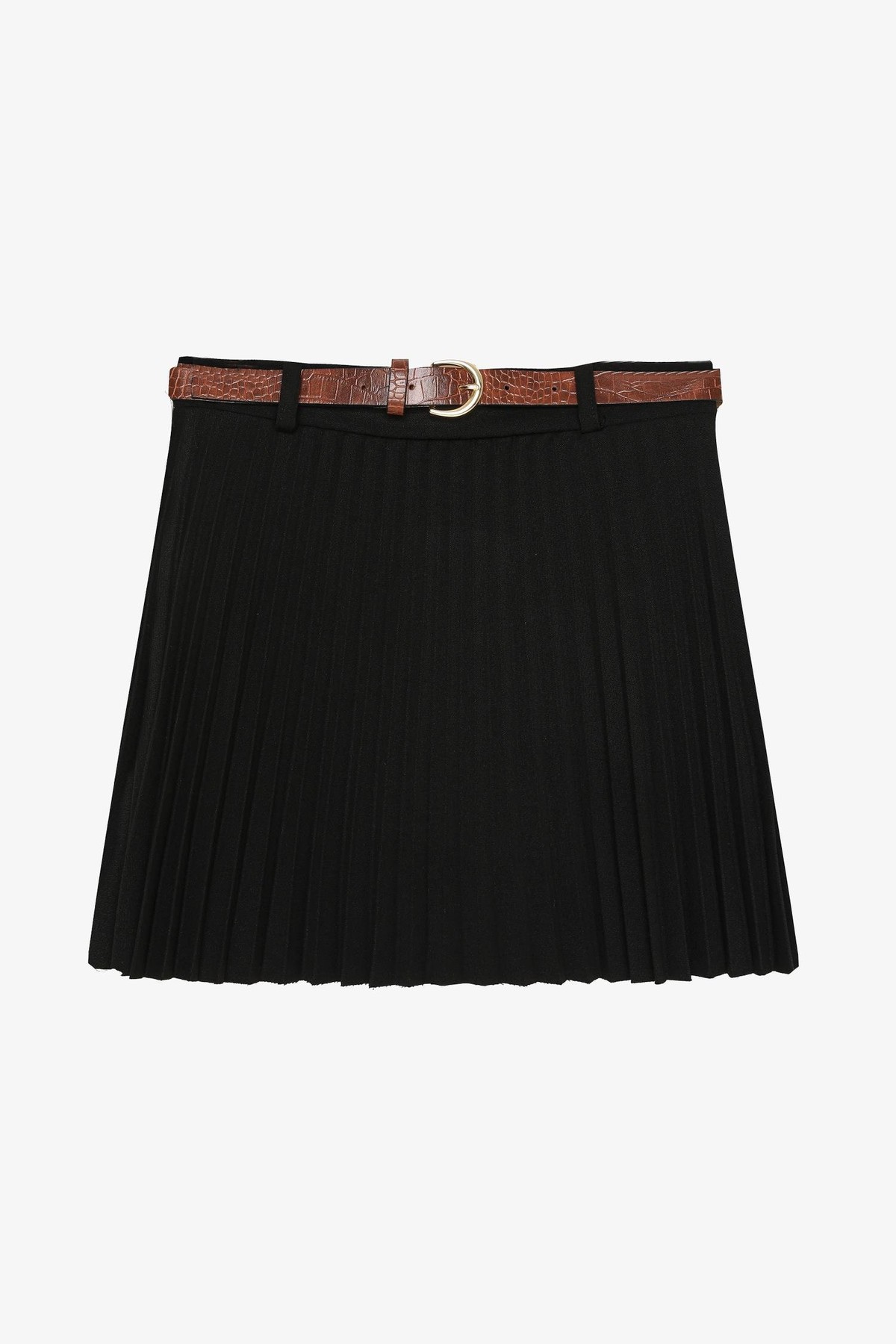 Quzu Kemer Detaylı Piliseli Etek Siyah