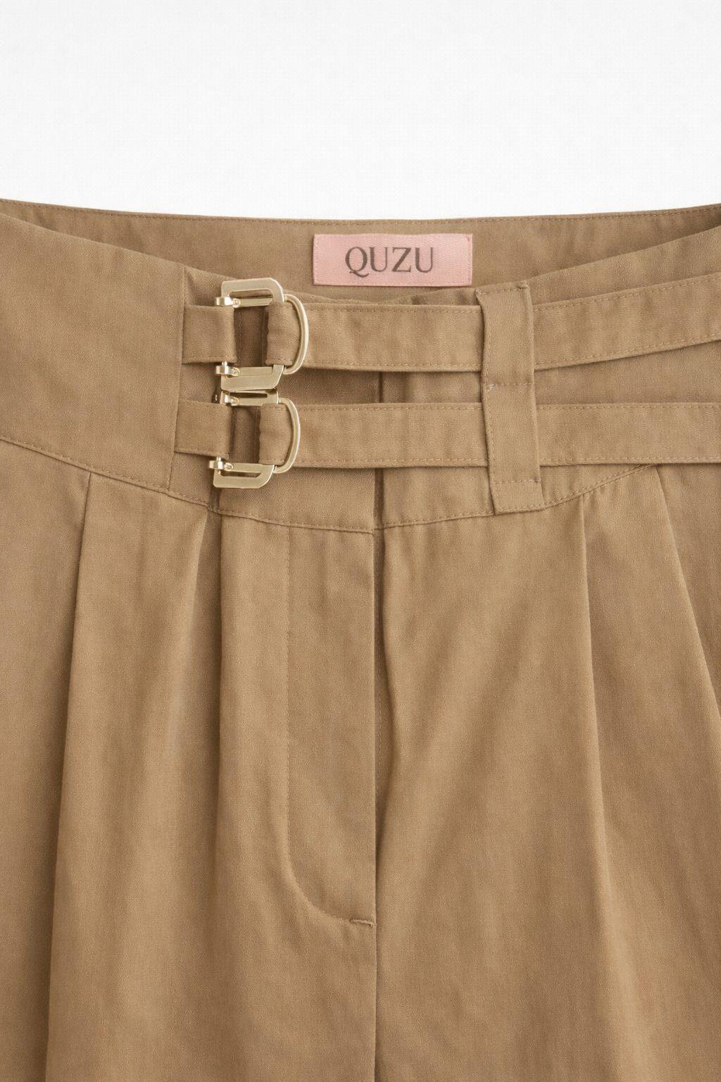 Quzu Kemer Detaylı Yüksek Bel Pantolon Bej