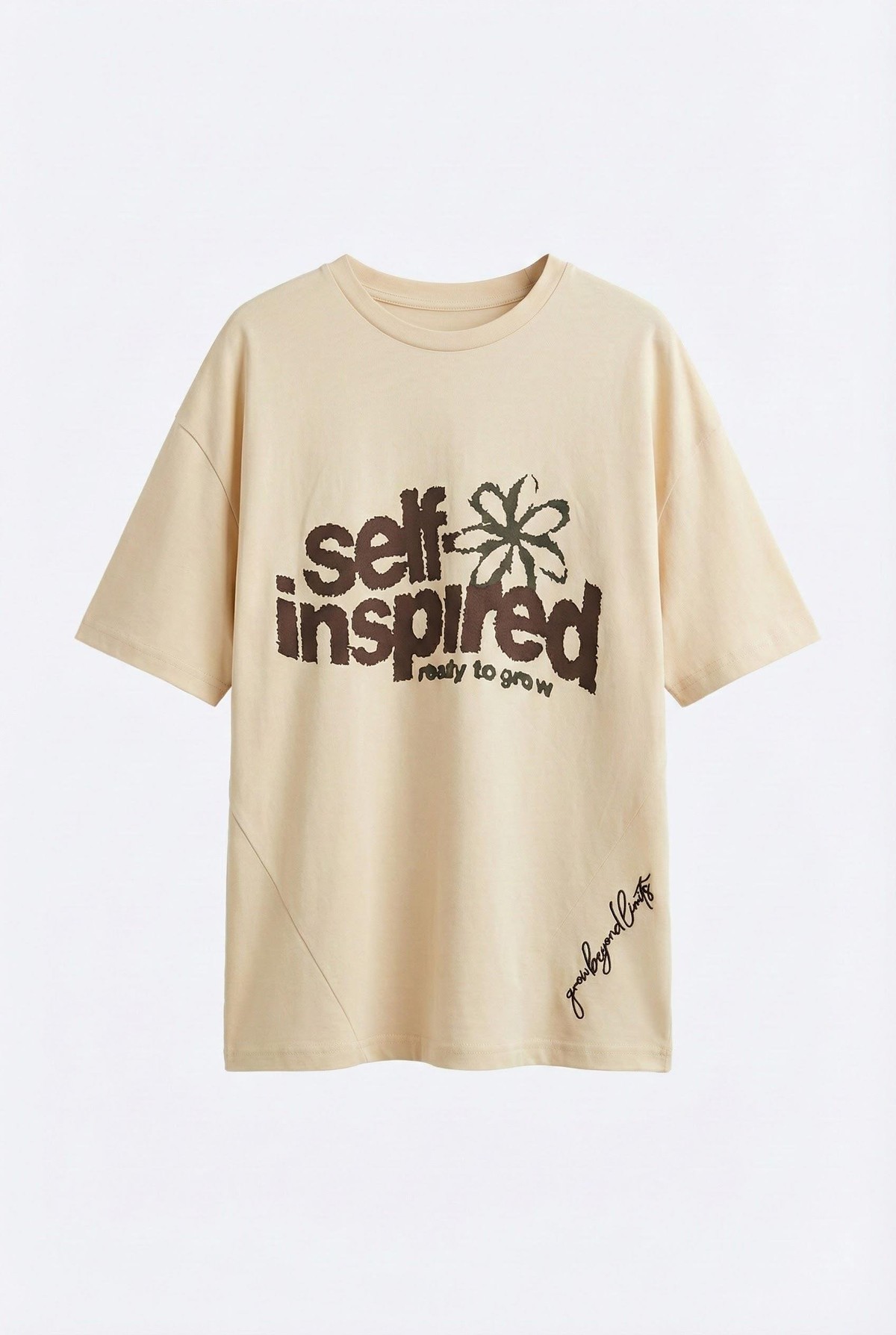 Quzu Kesik ve Baskı Detaylı T-shirt Bej