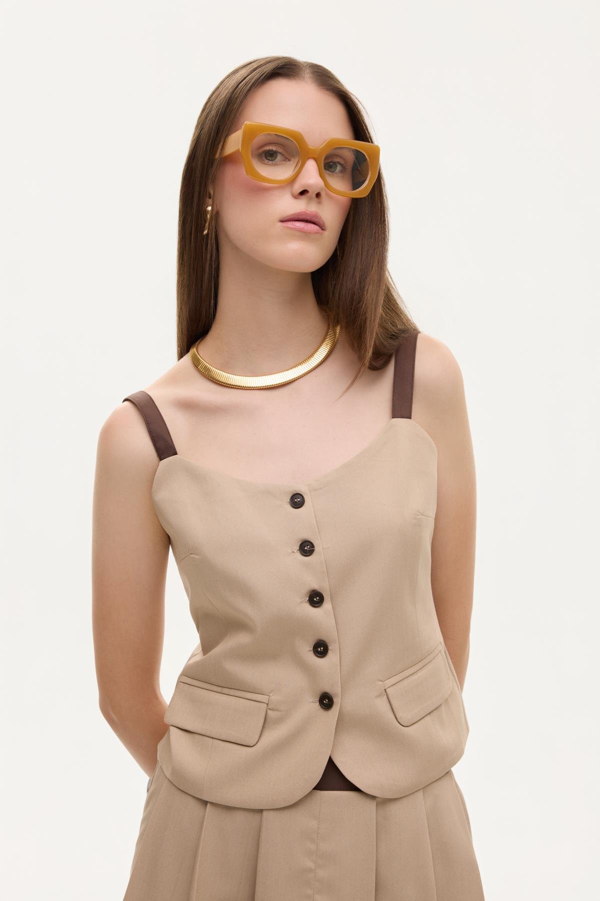 Quzu Kontrast Detaylı Bluz Bej