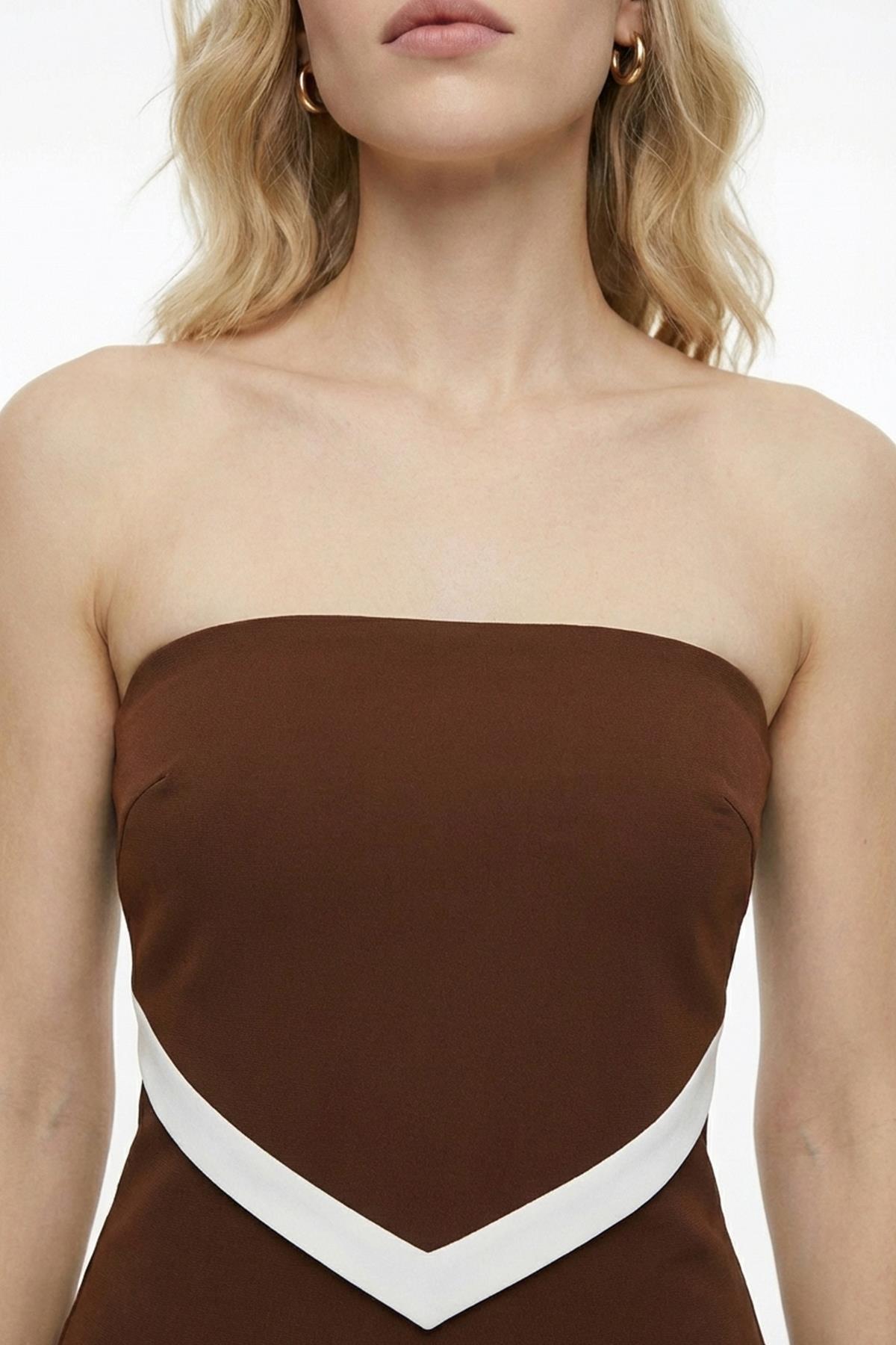 Quzu Kontrast Detaylı Bluz Kahve