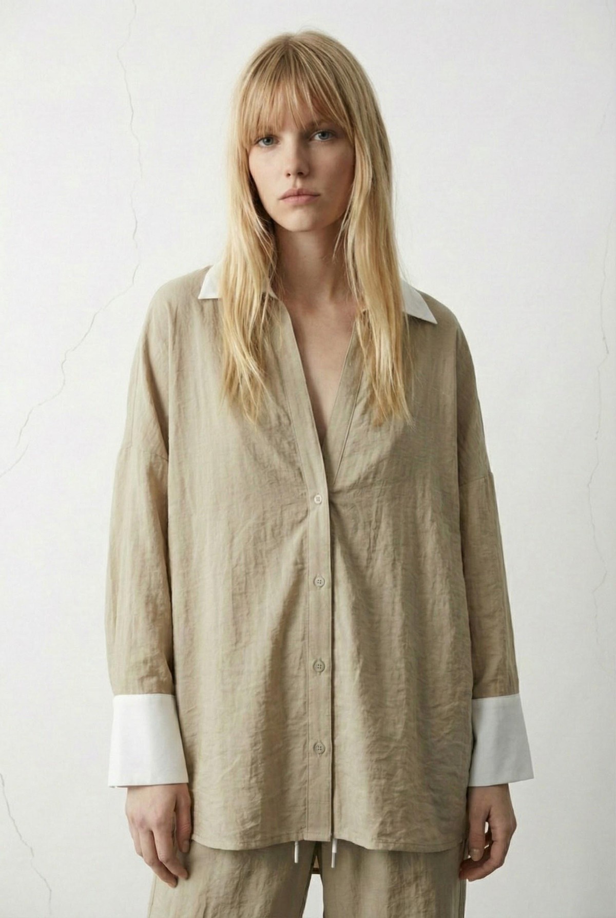 Quzu Kontrast Detaylı Gömlek Bej