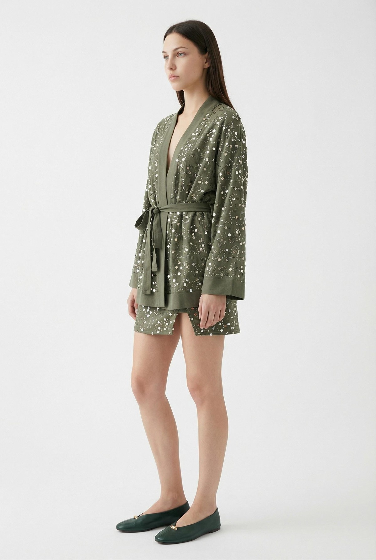 Quzu Kruvaze Detaylı Mini Etek Haki