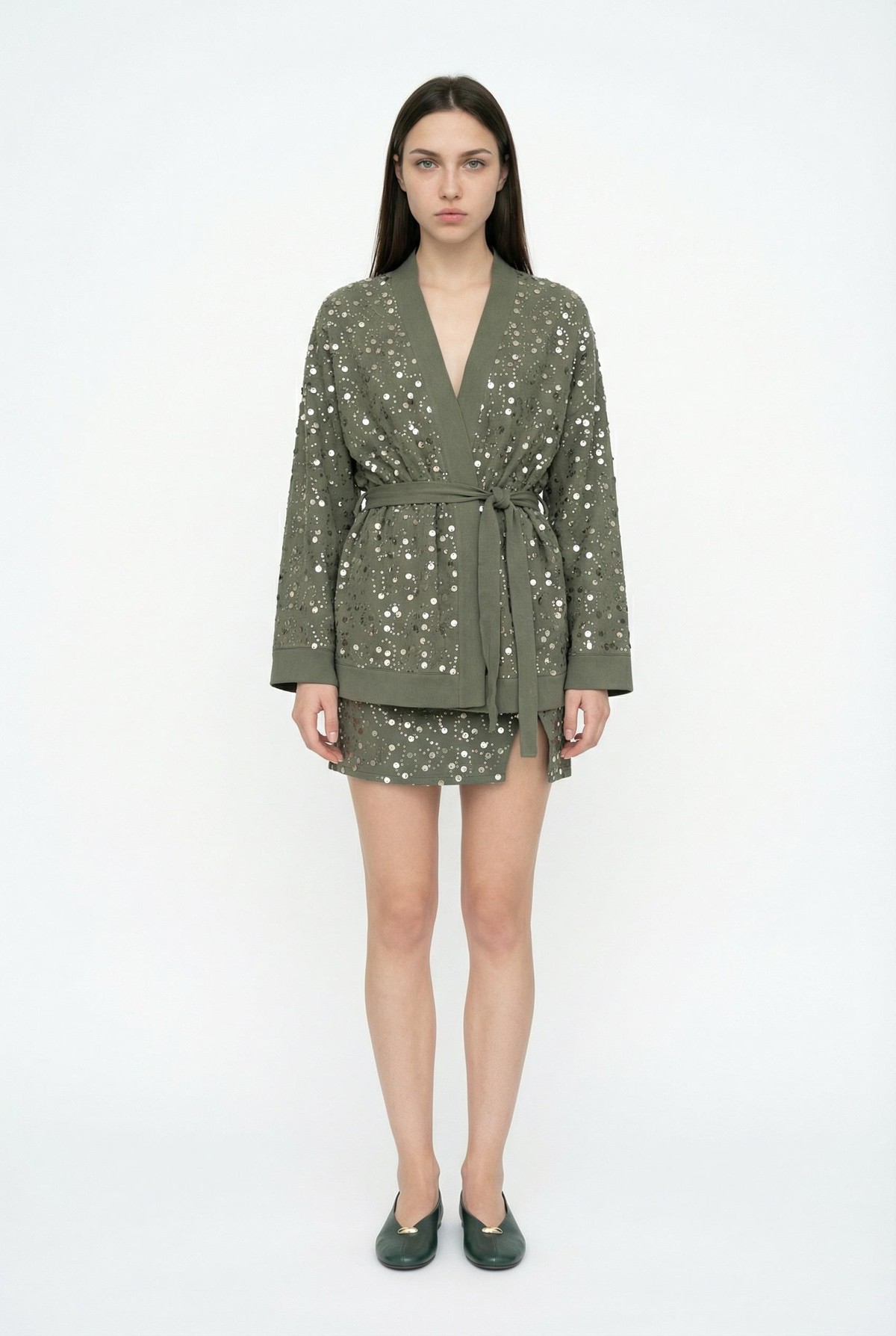 Quzu Kruvaze Detaylı Mini Etek Haki