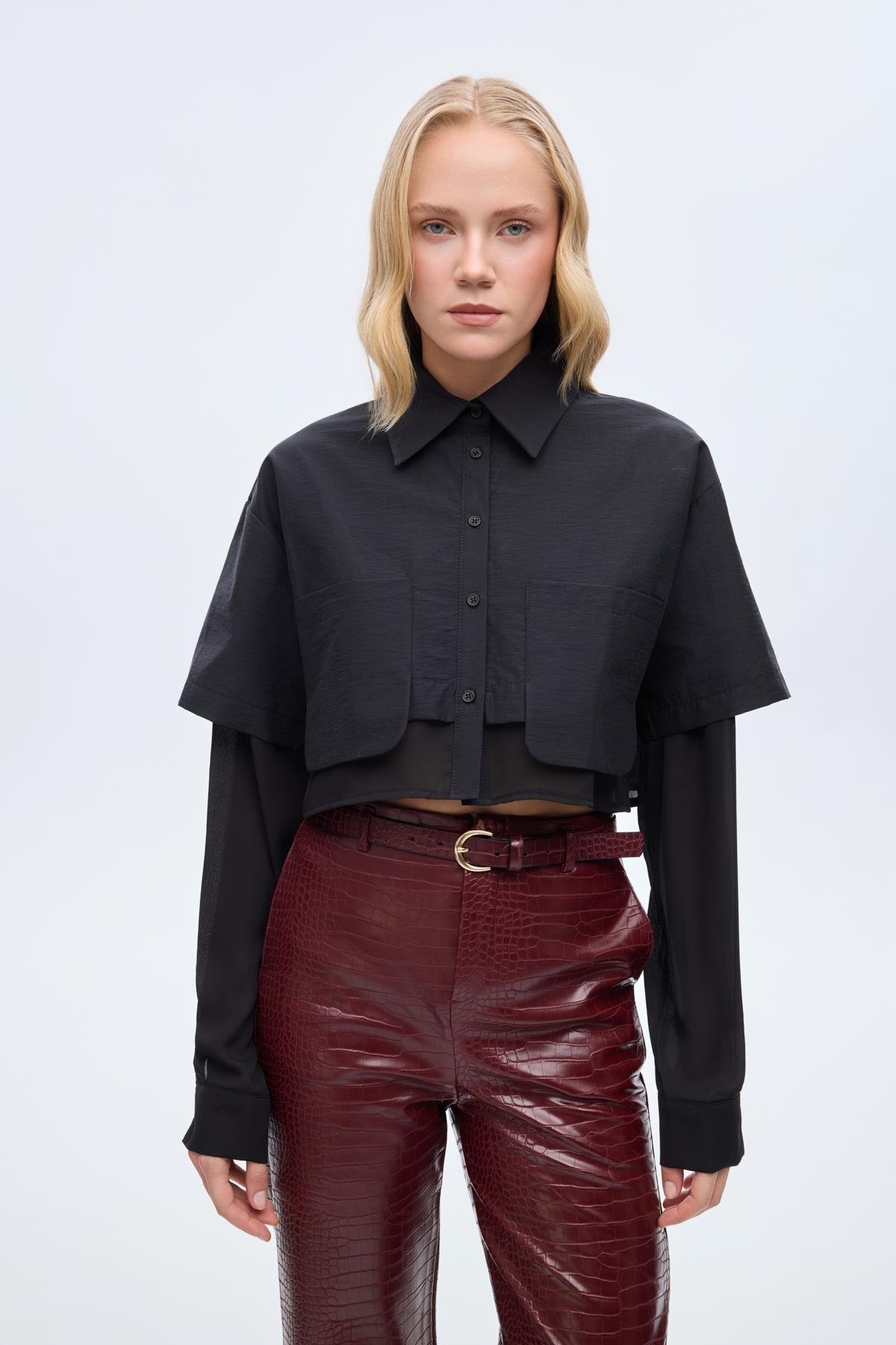 Quzu Kumaş Matchli Gömlek Siyah