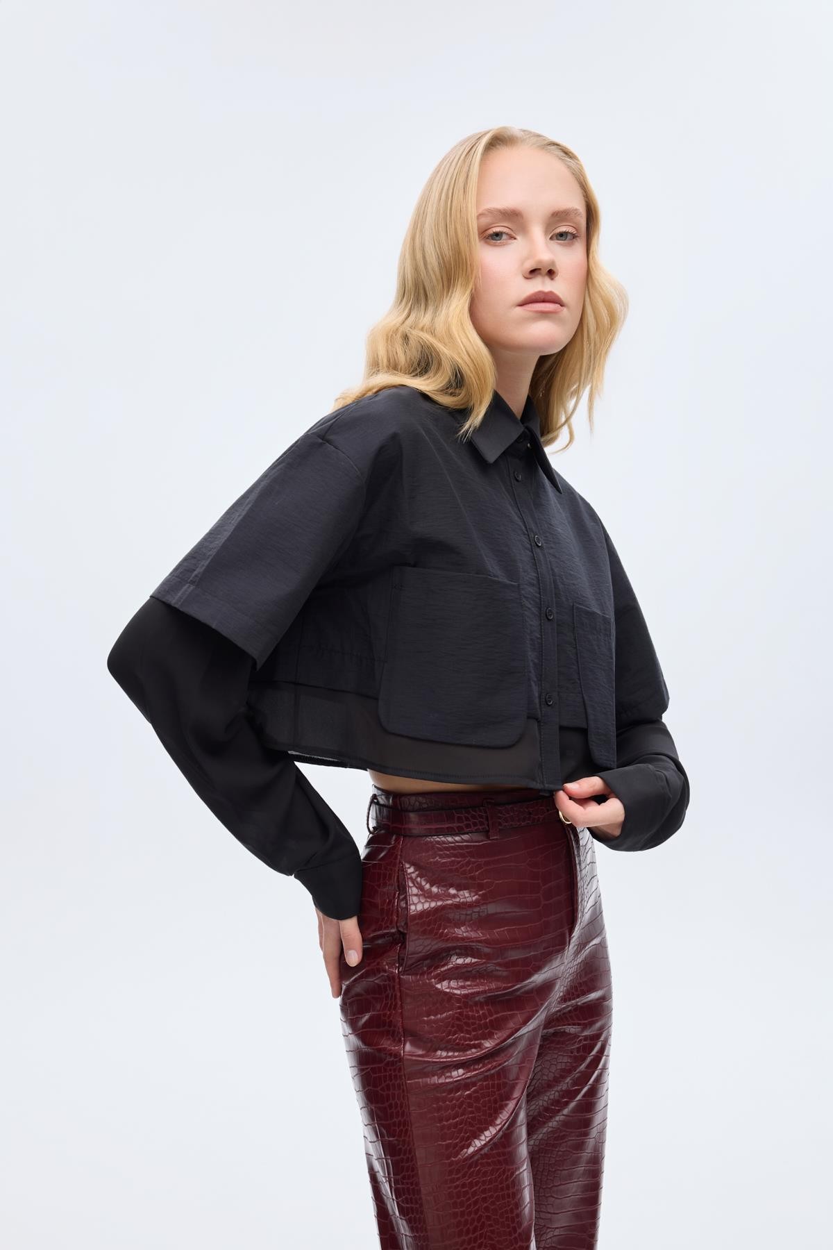 Quzu Kumaş Matchli Gömlek Siyah