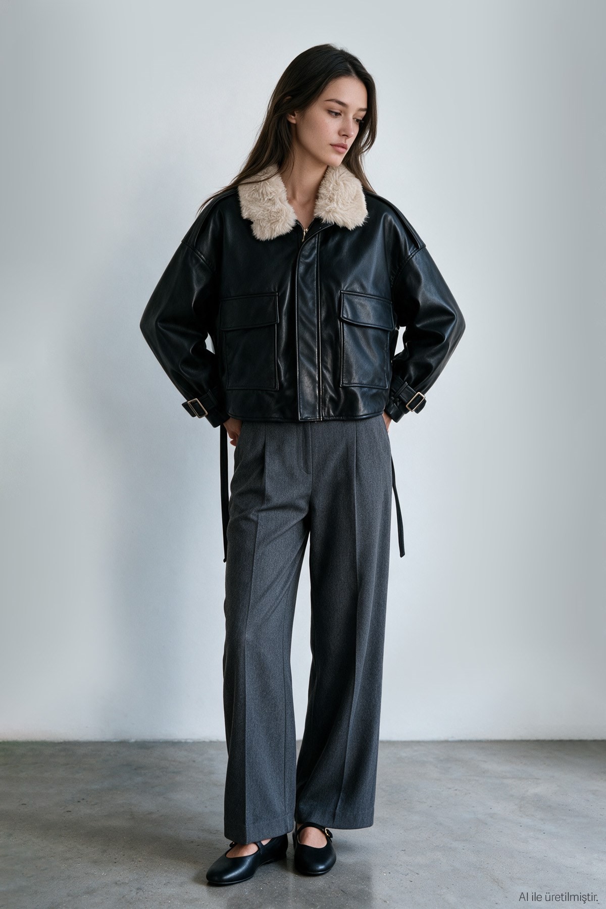 Quzu Leather Jacket with Fur Collar Black