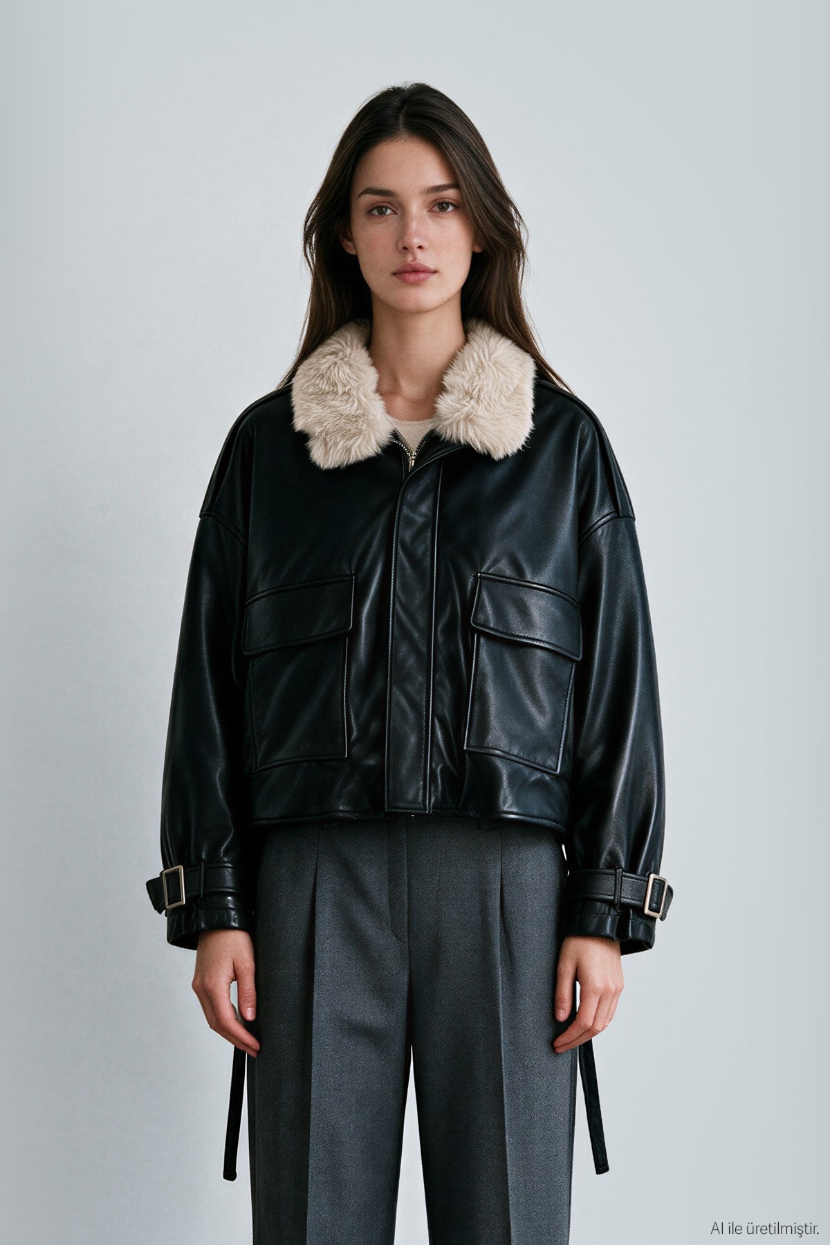 Quzu Leather Jacket with Fur Collar Black