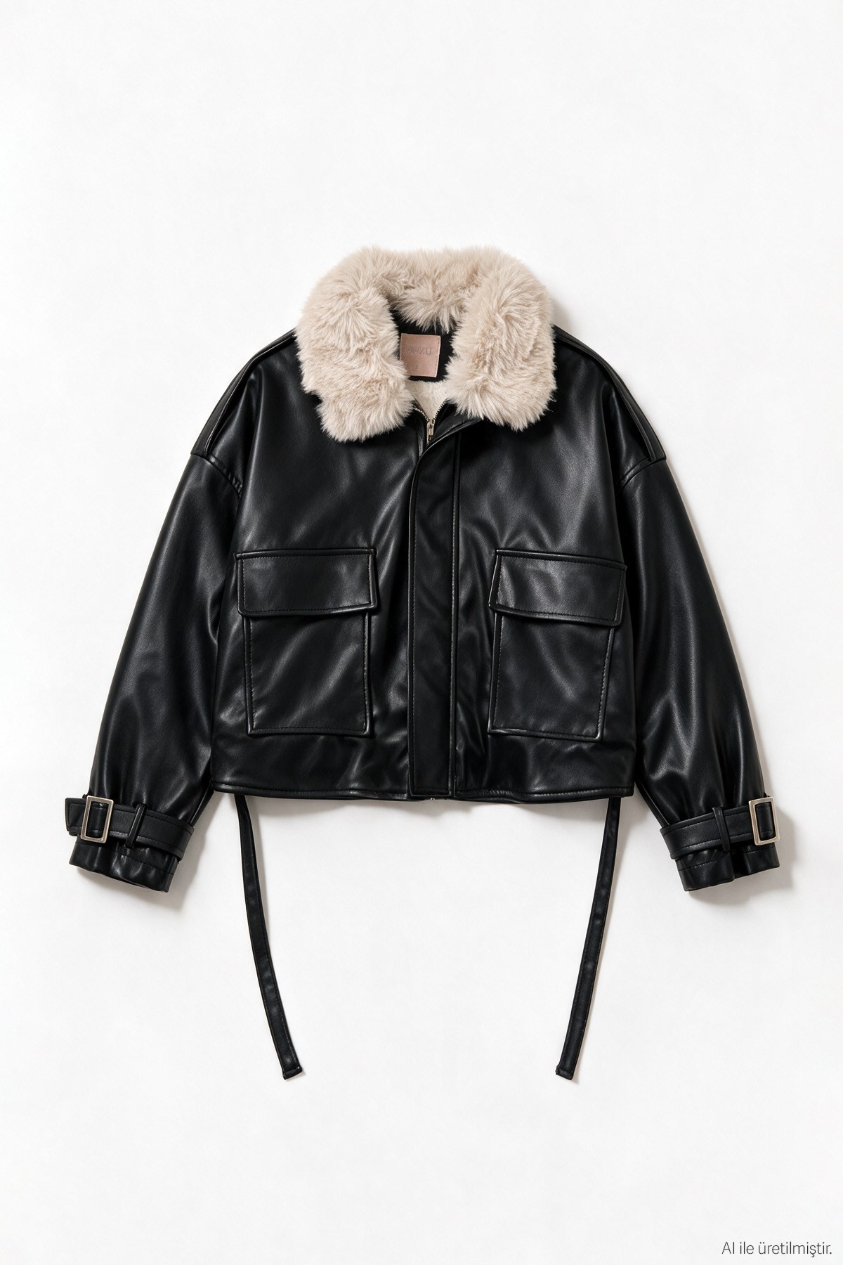 Quzu Leather Jacket with Fur Collar Black