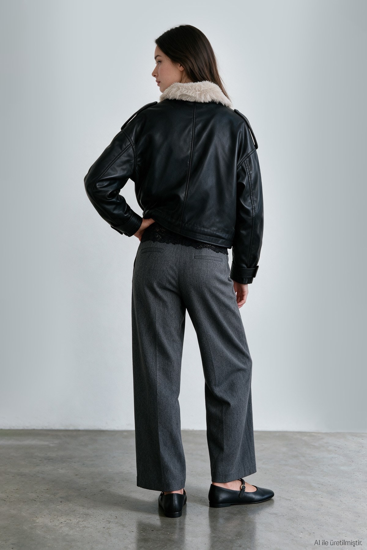 Quzu Leather Jacket with Fur Collar Black