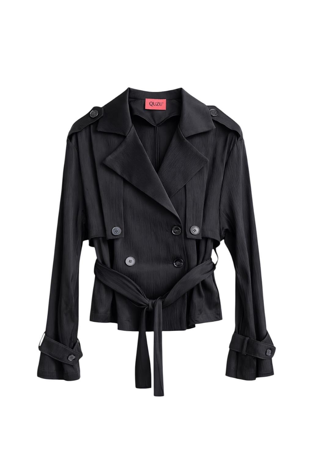 Quzu Kuşaklı Saten Trençkot Siyah