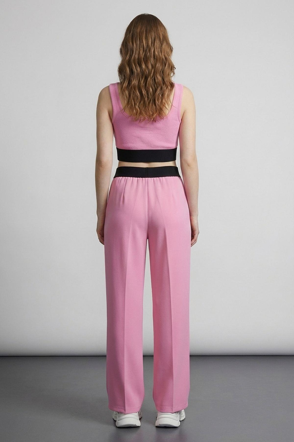 Quzu Lastik Detaylı Crop Top Atlet Pembe