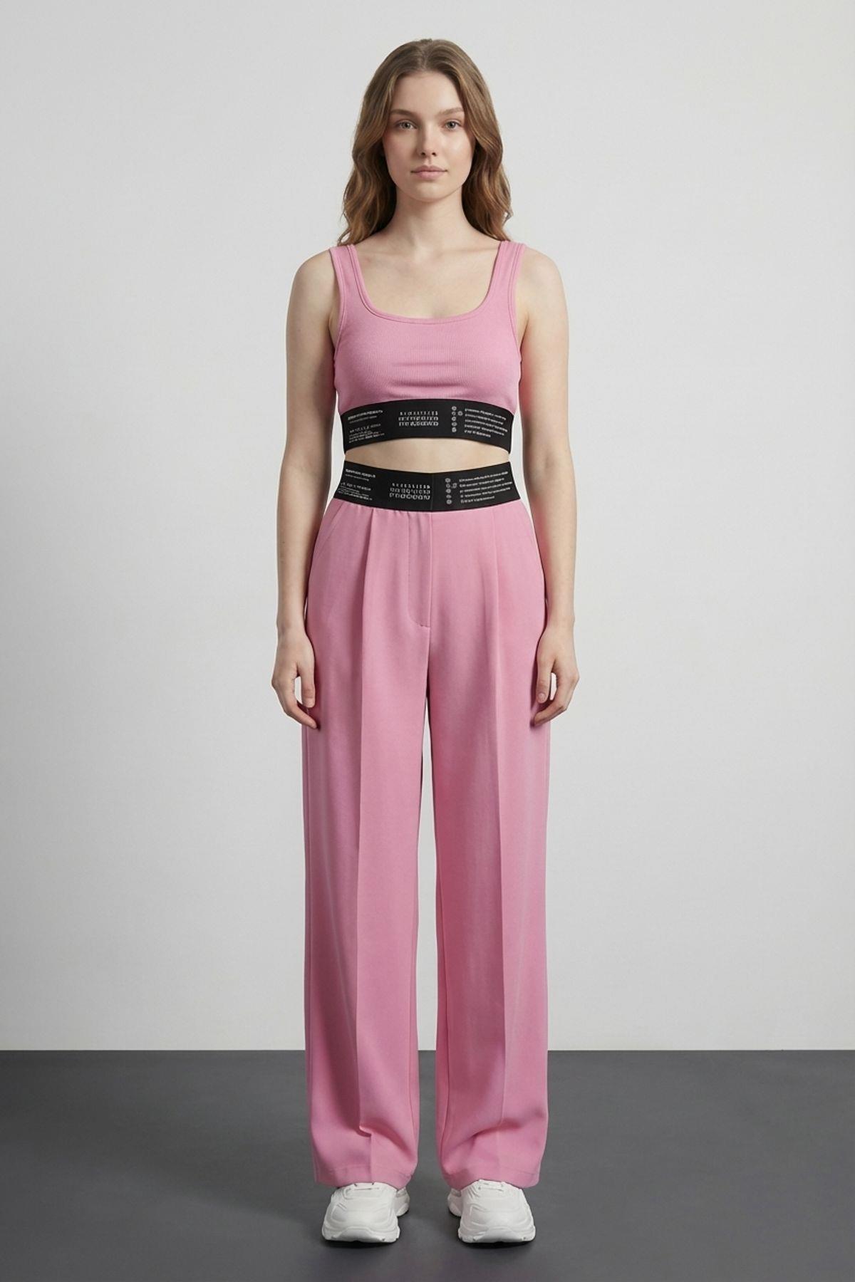 Quzu Lastik Detaylı Crop Top Atlet Pembe