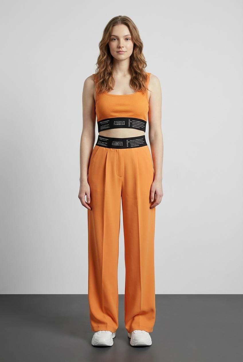 Quzu Lastik Detaylı Crop Top Atlet Turuncu
