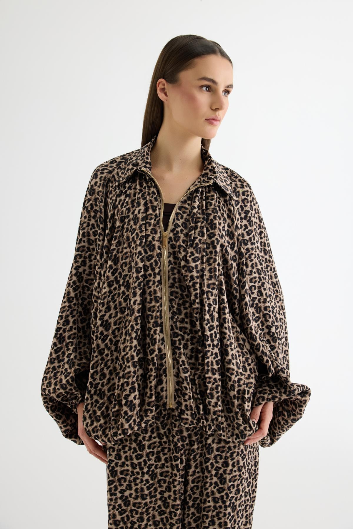 Quzu Leopar Desenli Bomber Ceket Kahve