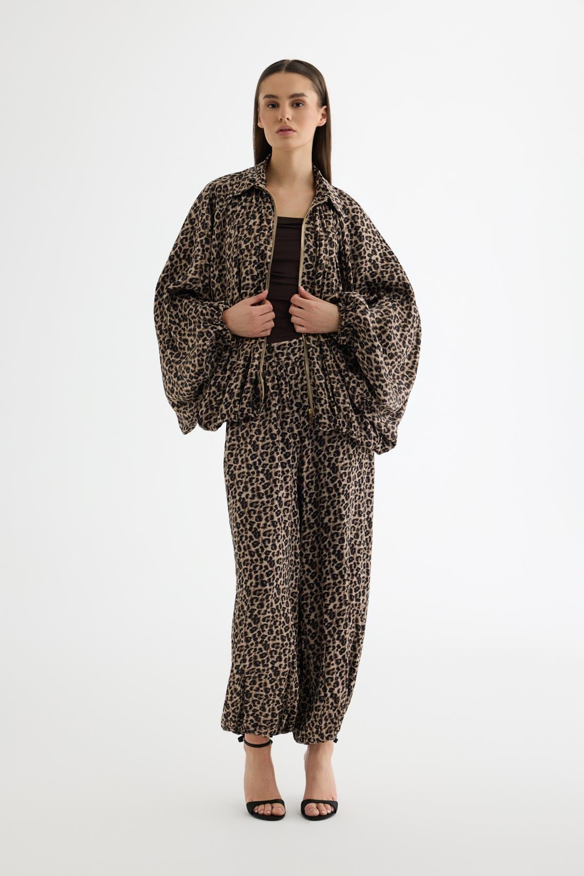 Quzu Leopar Desenli Bomber Ceket Kahve