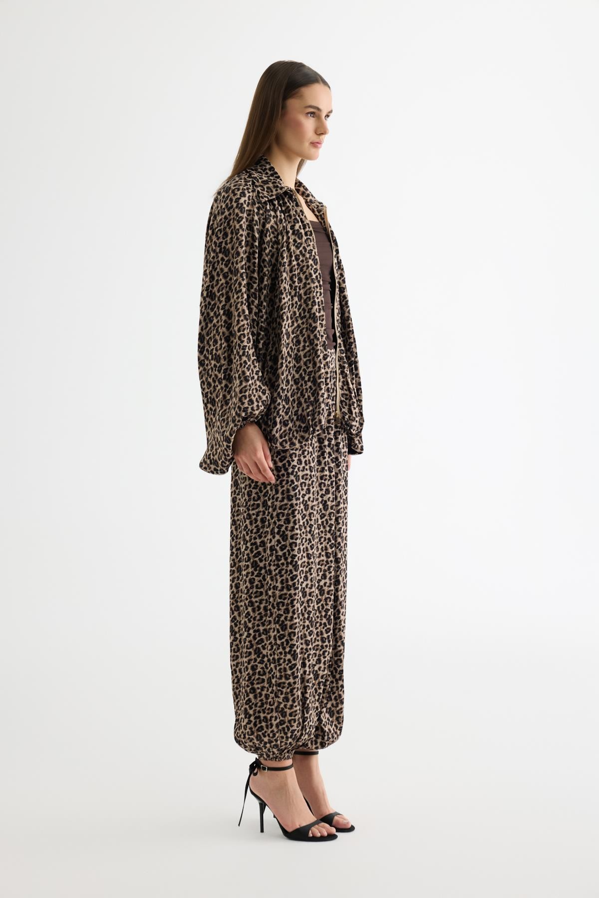 Quzu Leopar Desenli Bomber Ceket Kahve