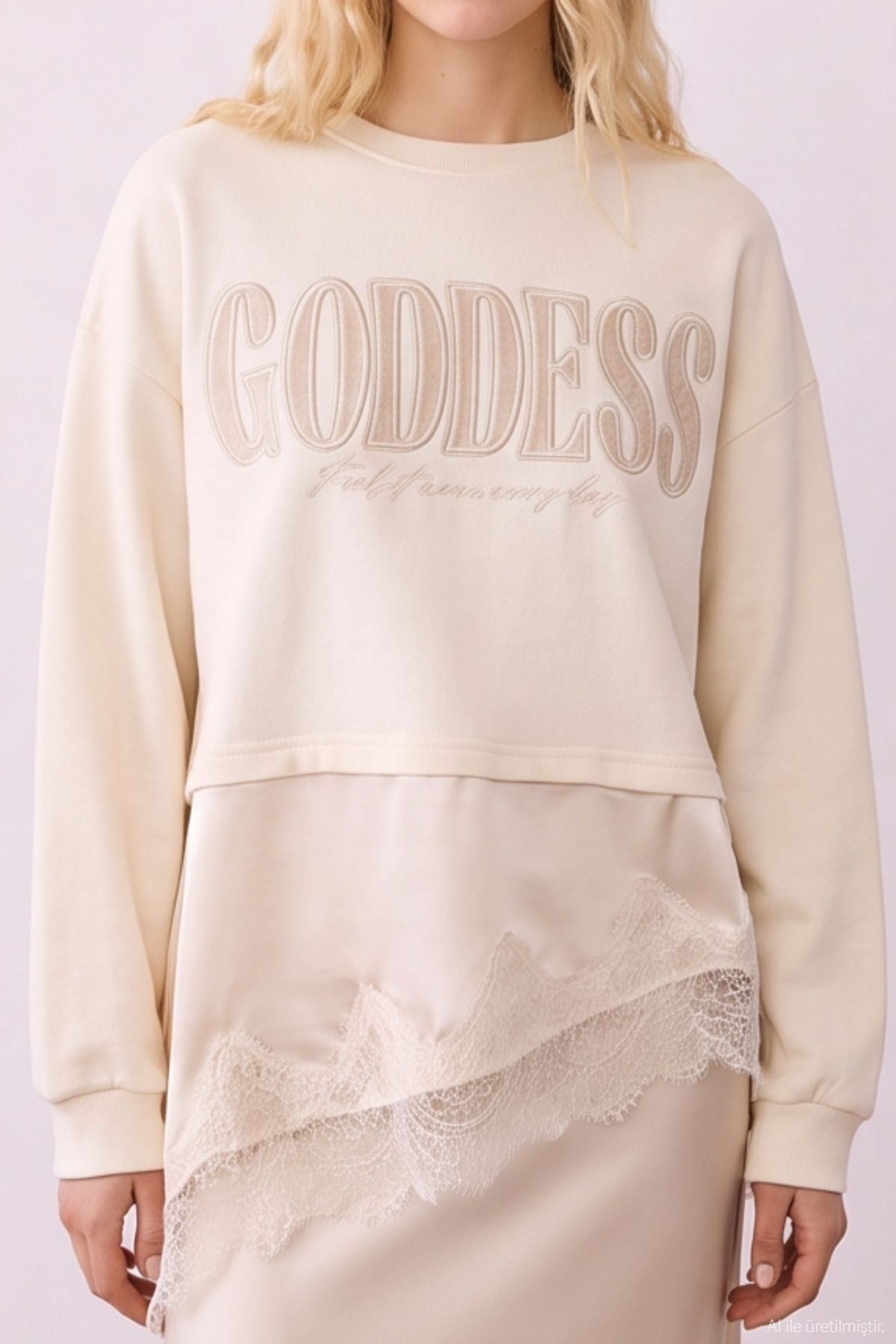 Quzu Nakış Dantel Detaylı Sweatshirt Krem