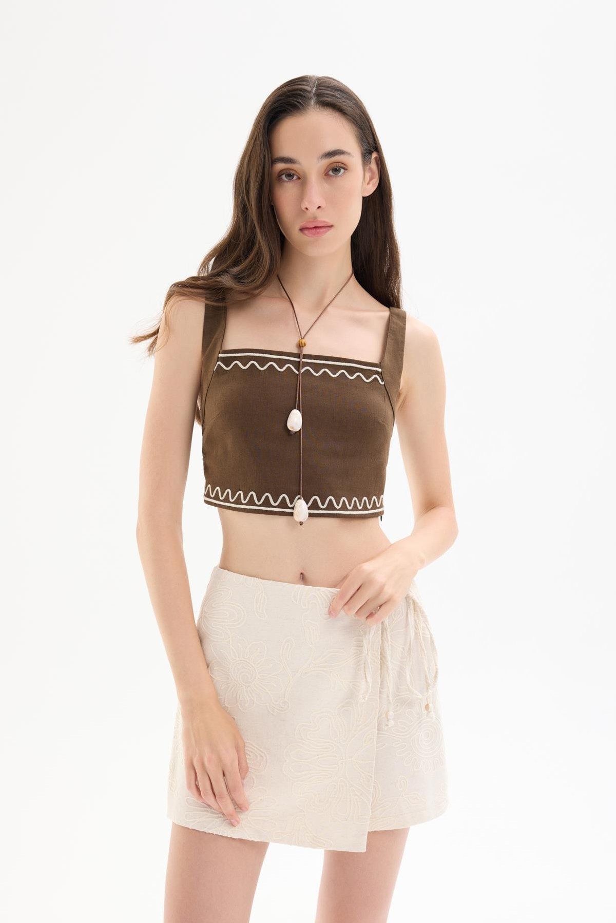 Quzu Embroidered Detail Blouse Dark Brown