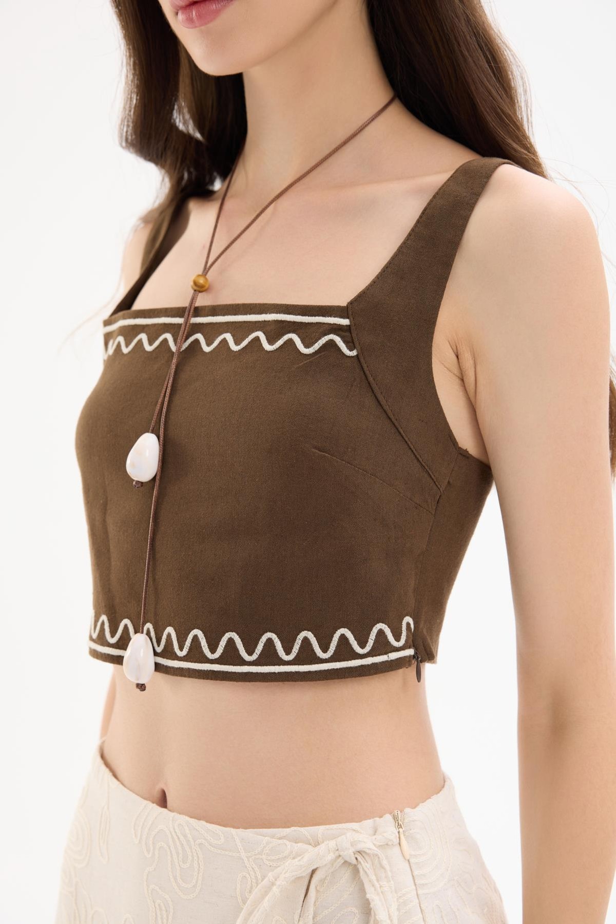 Quzu Embroidered Detail Blouse Dark Brown