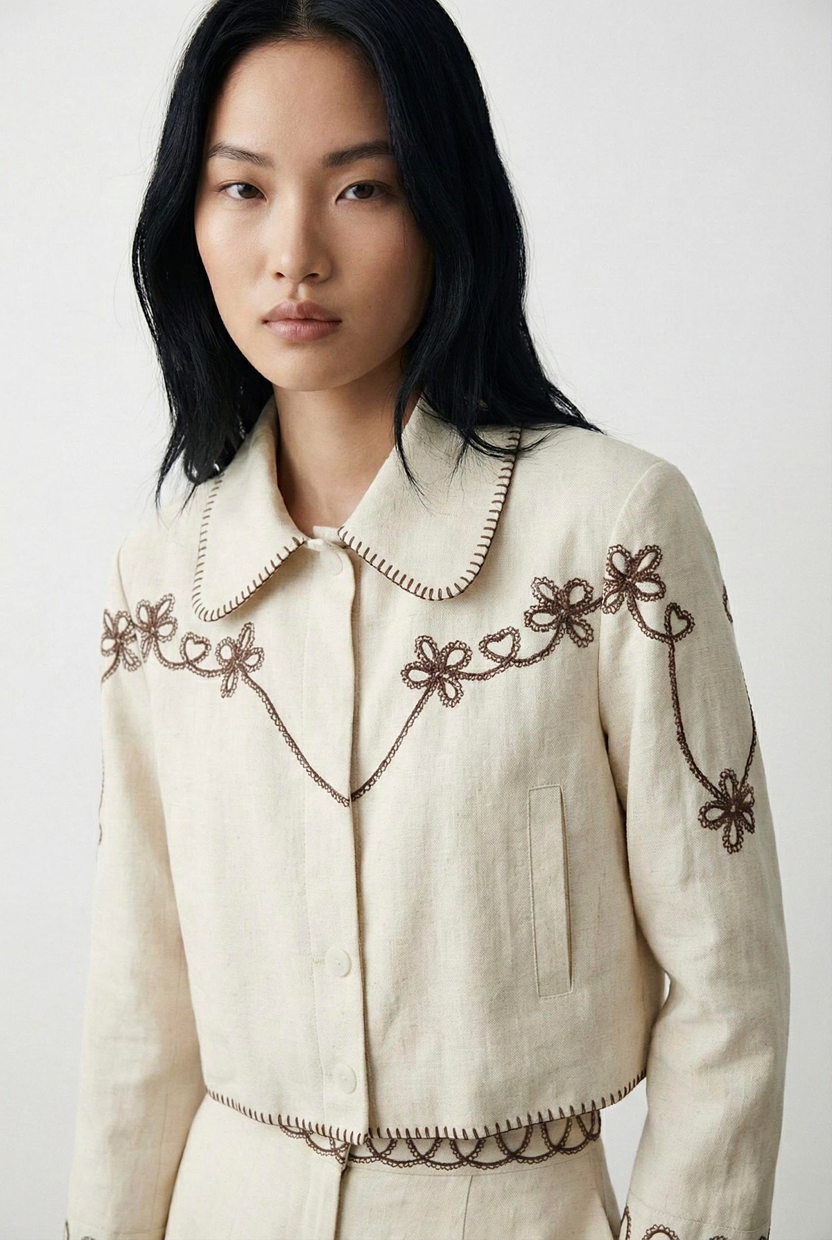 Quzu Nakış Detaylı Ceket Natur