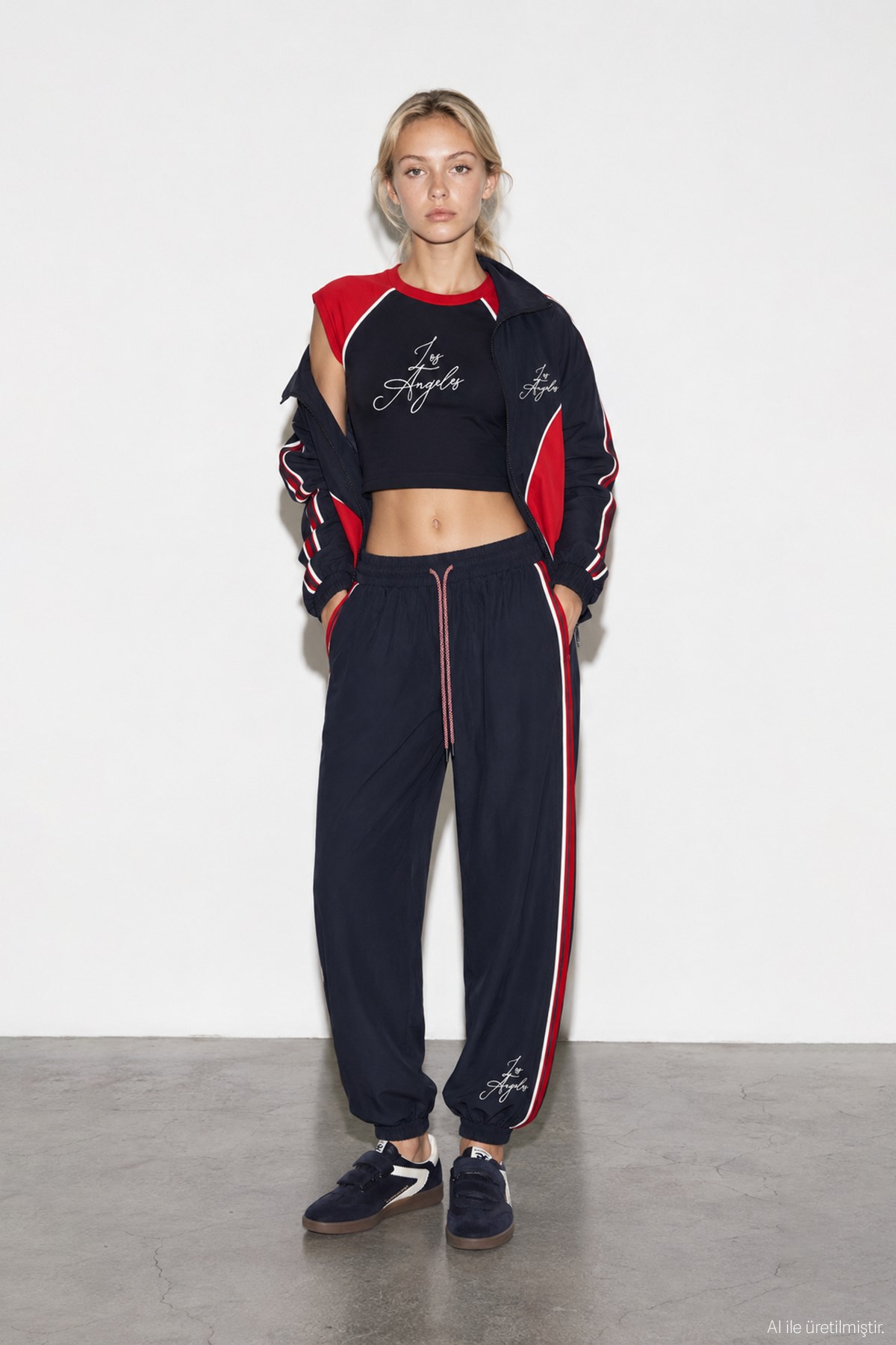 Quzu Nakış Detaylı Crop T-shirt Lacivert