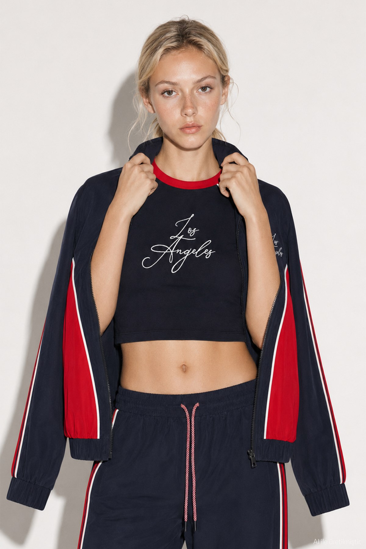 Quzu Nakış Detaylı Crop T-shirt Lacivert