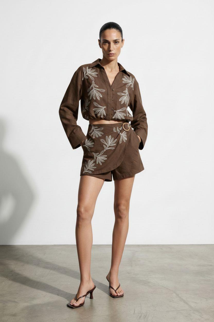 Quzu Nakış Detaylı Gömlek Kahve