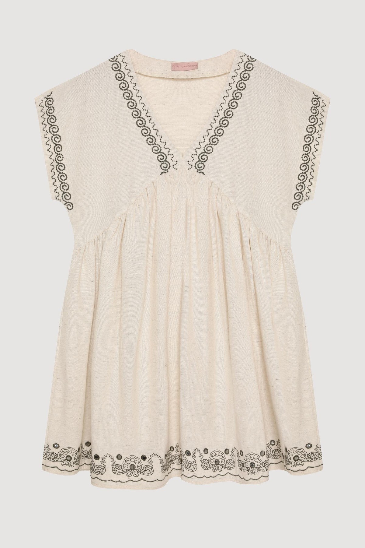 Quzu Nakış Detaylı Mini Elbise Natur