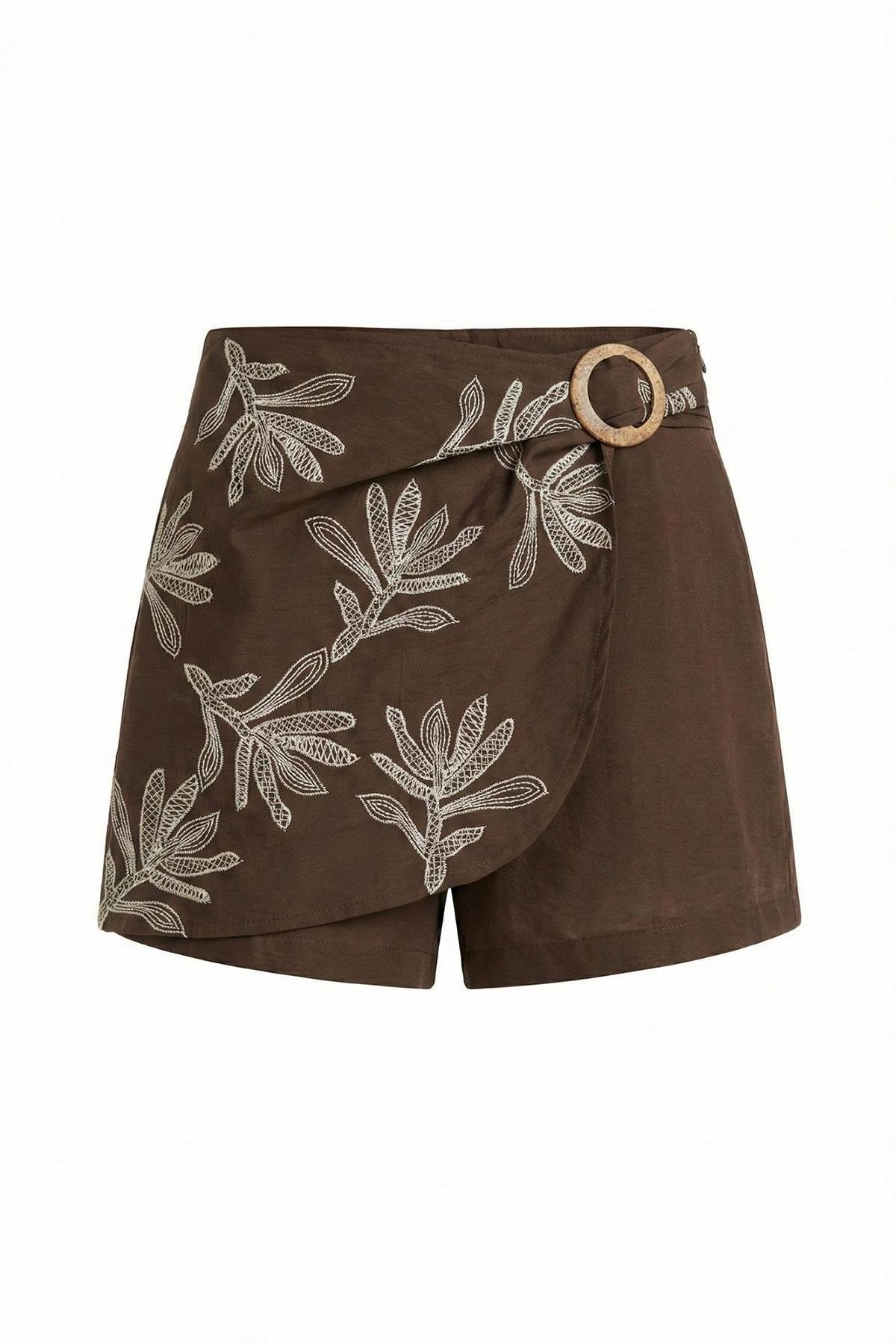 Quzu Nakış Detaylı Şort Etek Kahve