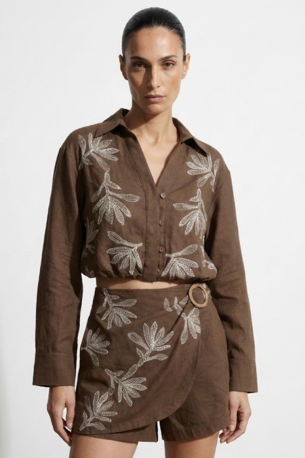 Quzu Nakış Detaylı Şort Etek Kahve