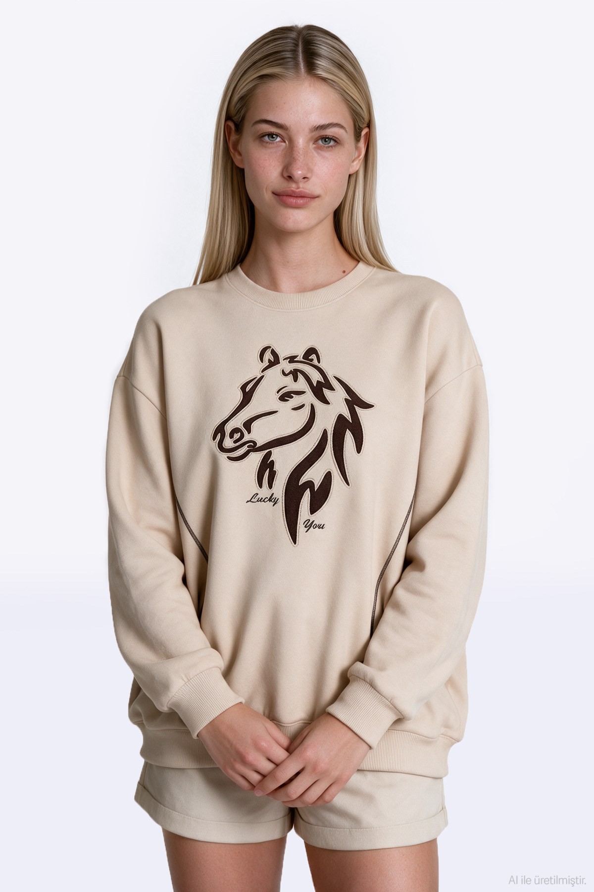 Quzu Nakış Detaylı Sweatshirt Bej