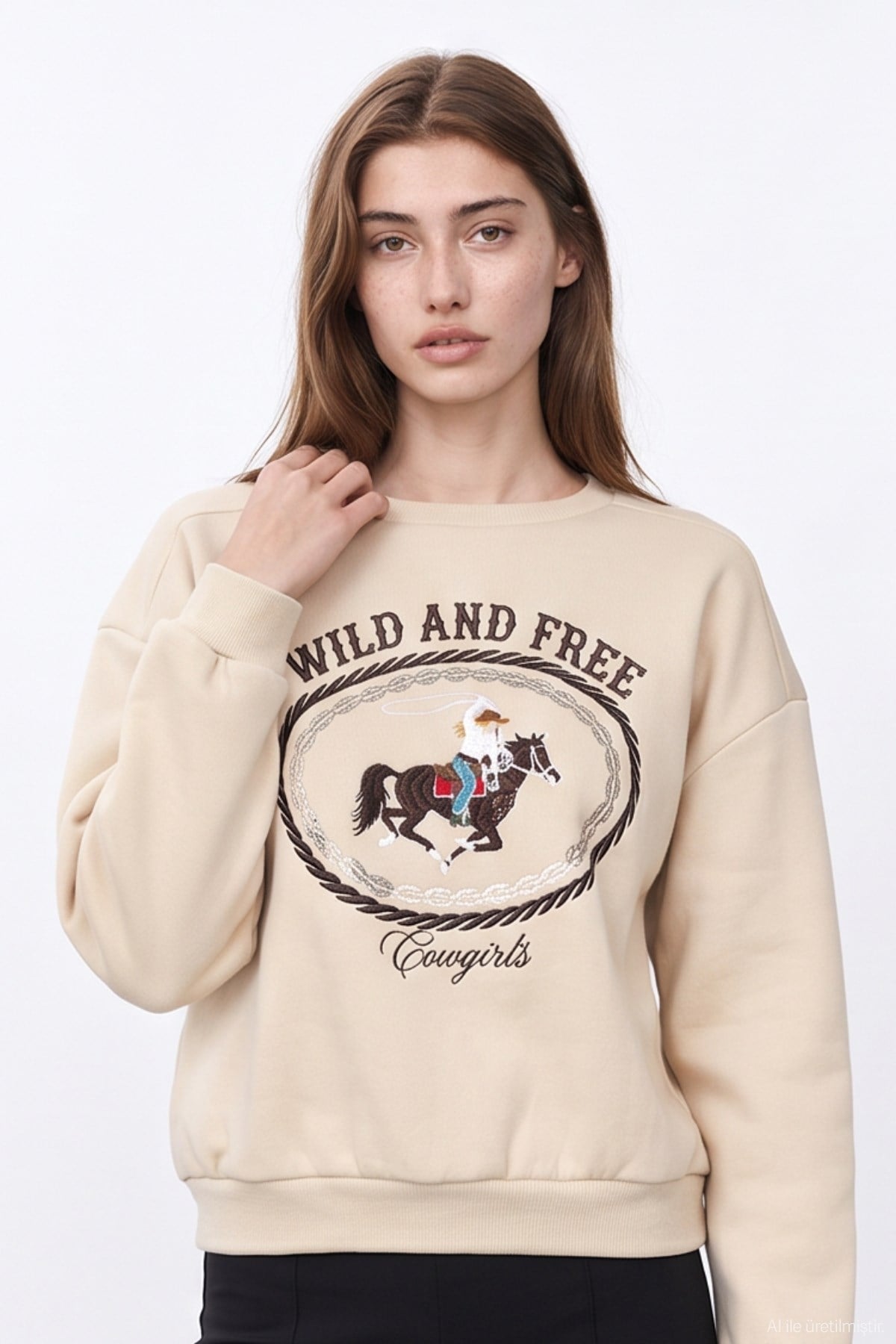 Quzu Nakış Detaylı Sweatshirt Bej