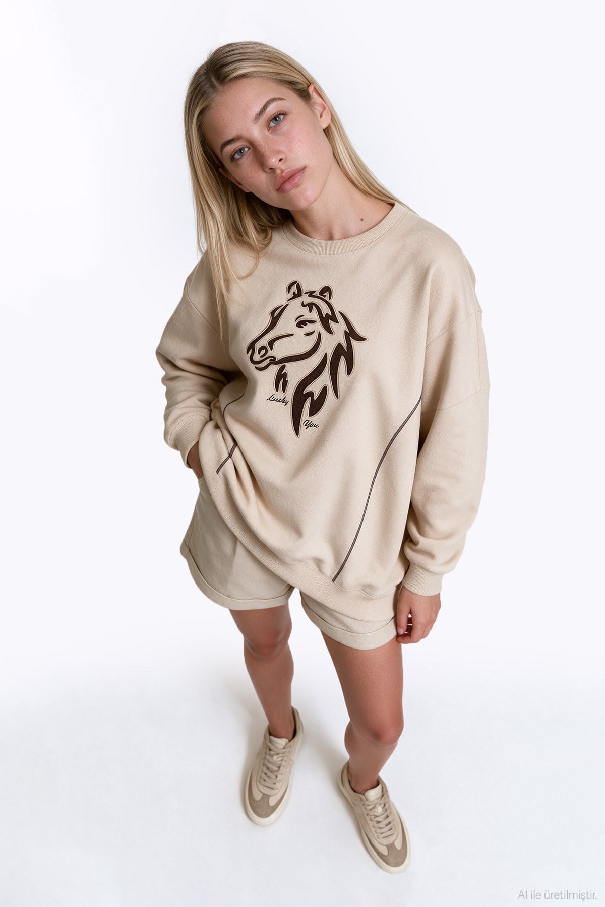 Quzu Nakış Detaylı Sweatshirt Bej