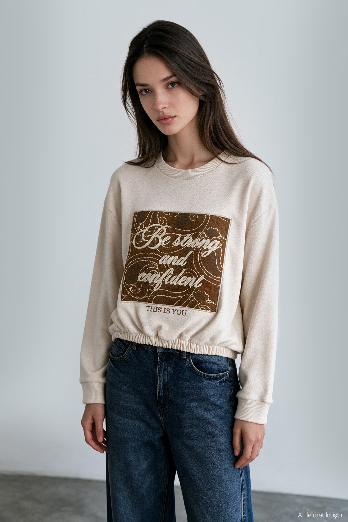Quzu Nakış Detaylı Sweatshirt Bej