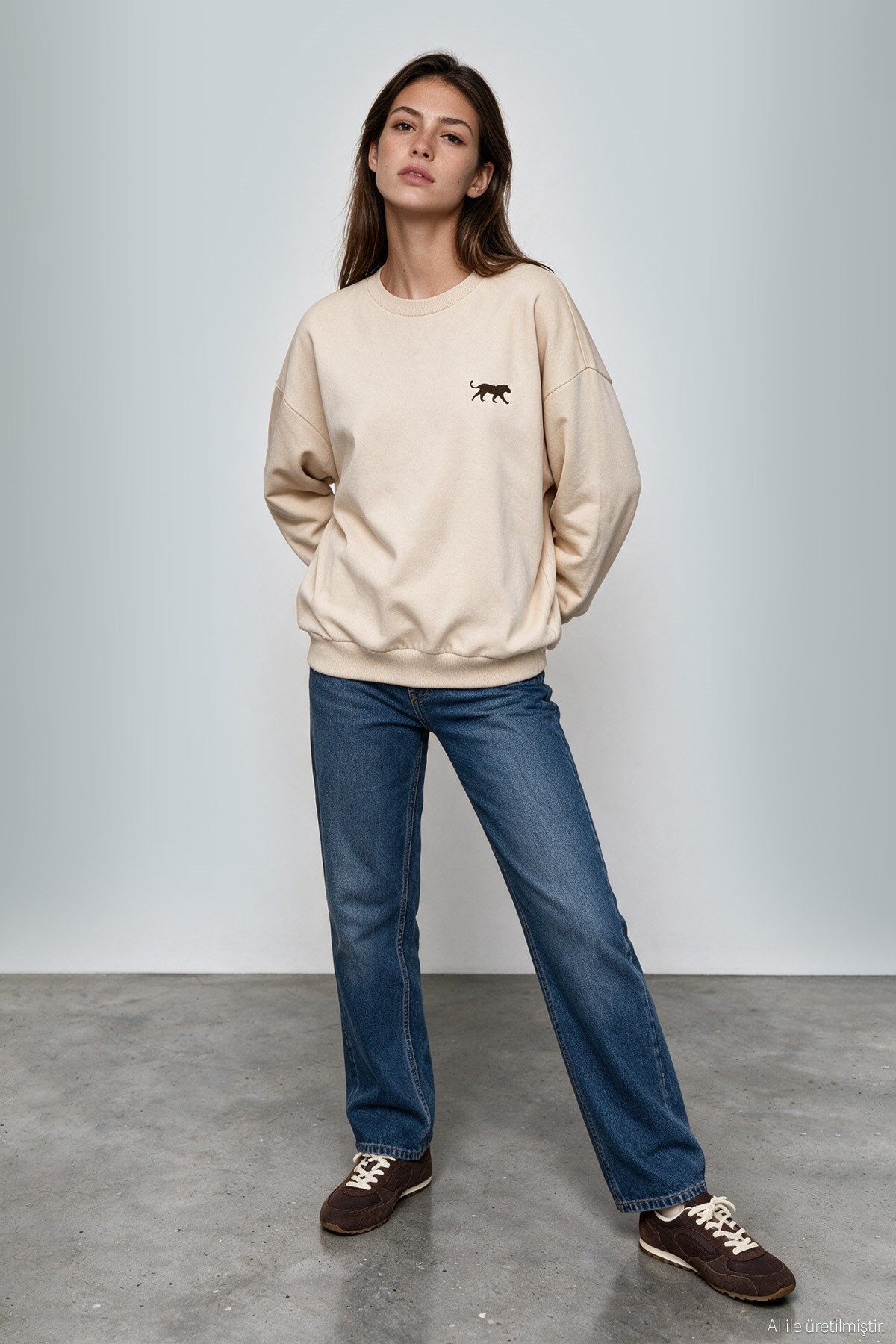 Quzu Nakış Detaylı Sweatshirt Bej