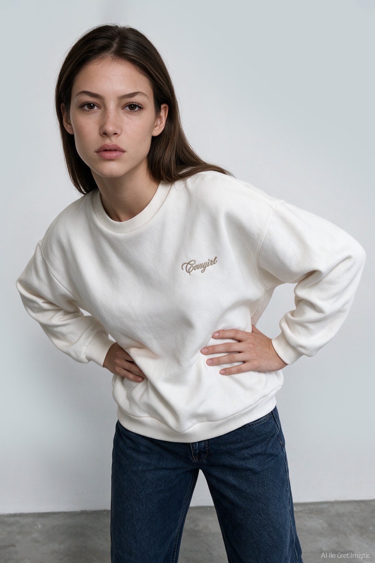 Quzu Nakış Detaylı Sweatshirt Ekru