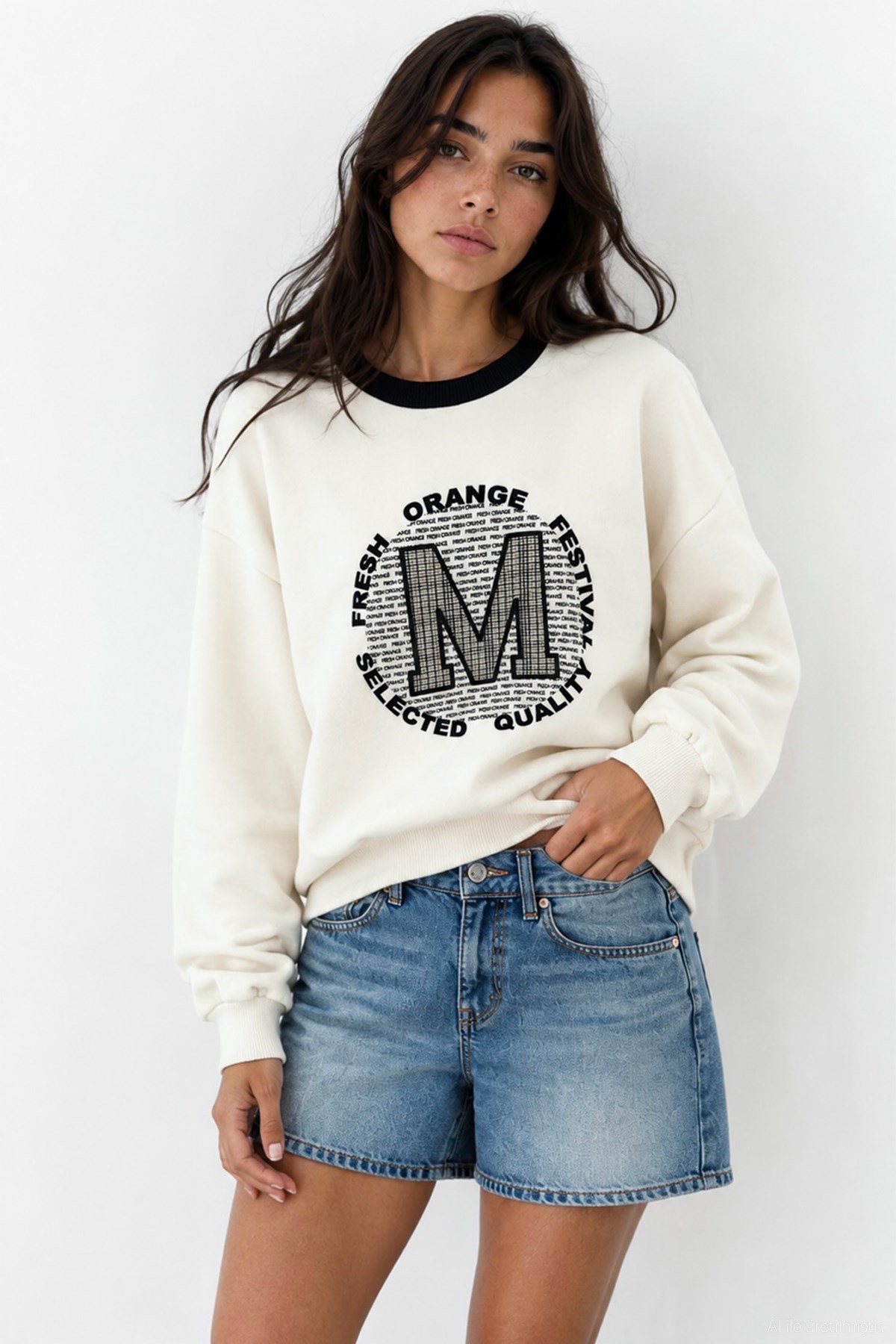 Quzu Nakış Detaylı Sweatshirt Ekru