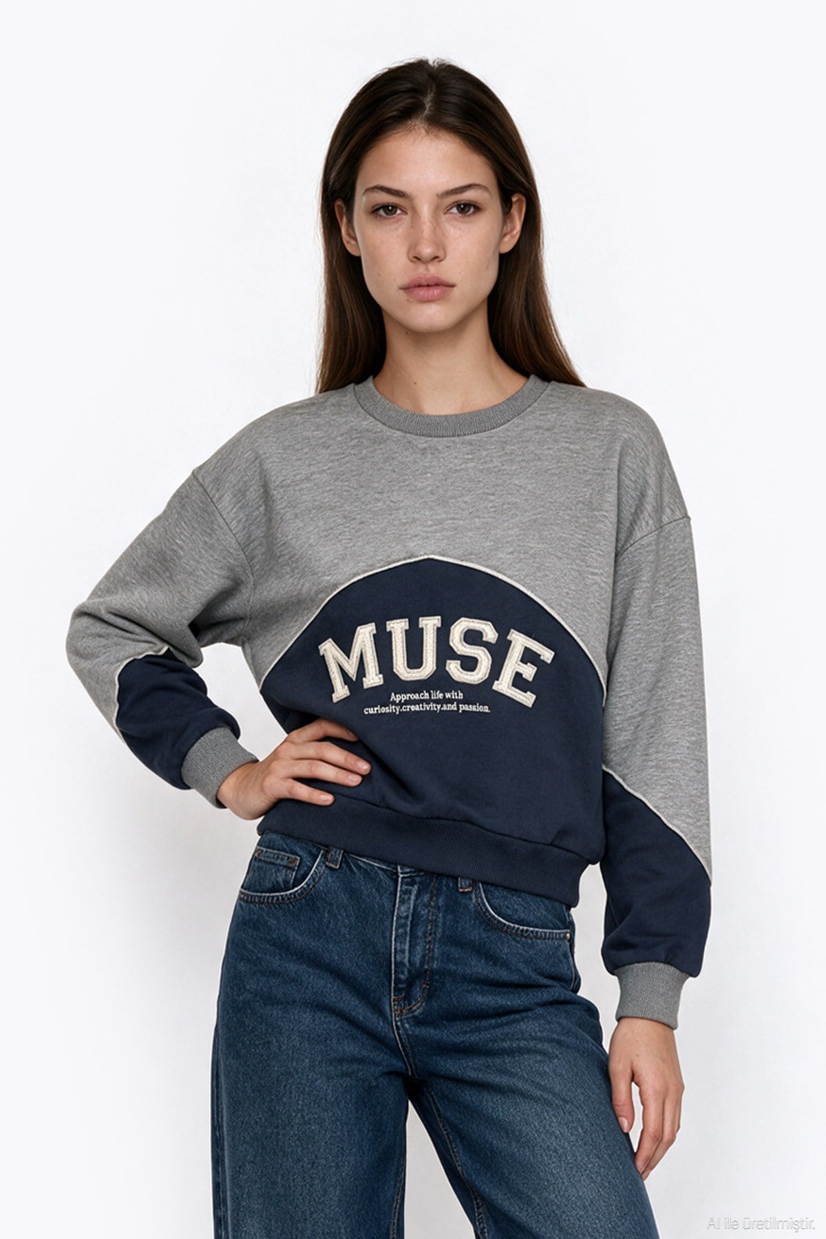Quzu Nakış Detaylı Sweatshirt Gri Melanj