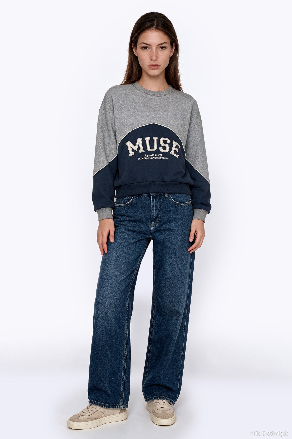 Quzu Nakış Detaylı Sweatshirt Gri Melanj