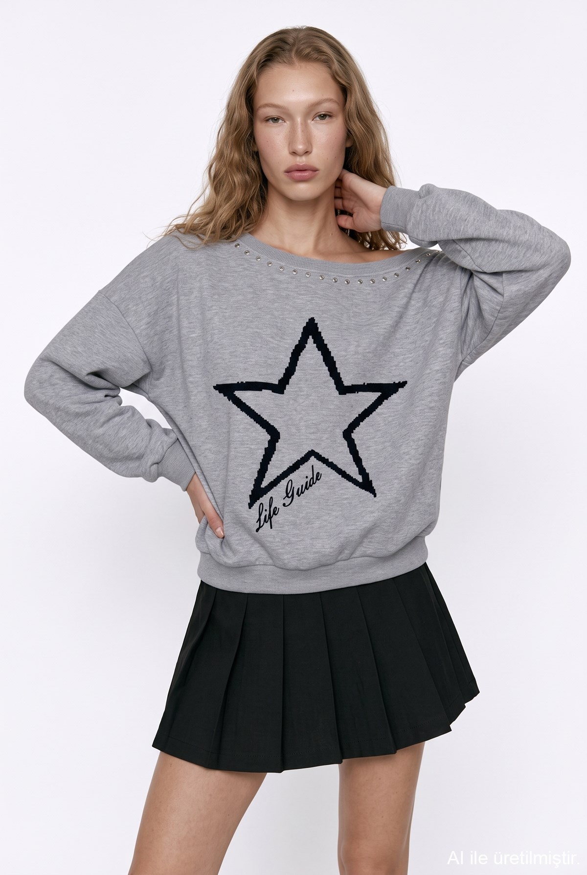Quzu Nakış Detaylı Sweatshirt Gri Melanj