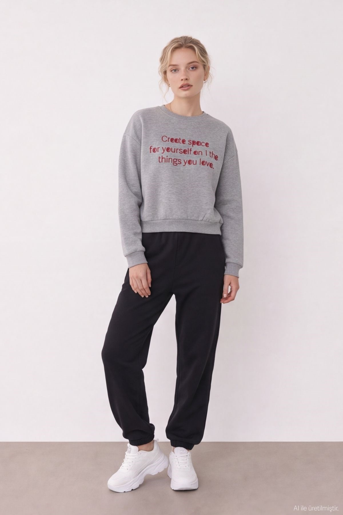 Quzu Nakış Detaylı Sweatshirt Gri Melanj