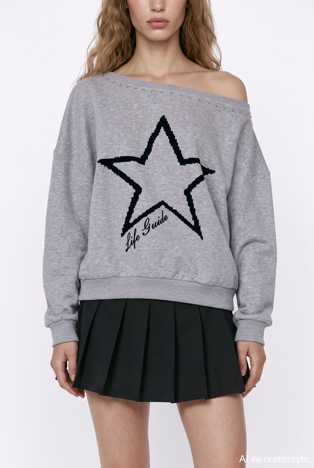 Quzu Nakış Detaylı Sweatshirt Gri Melanj