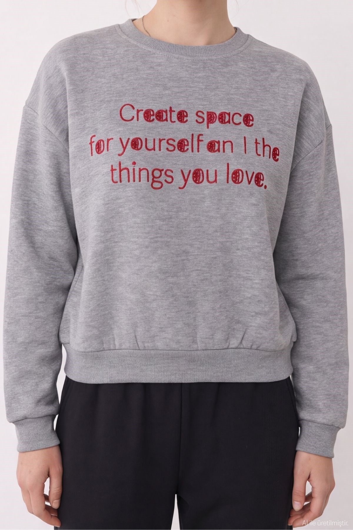 Quzu Nakış Detaylı Sweatshirt Gri Melanj