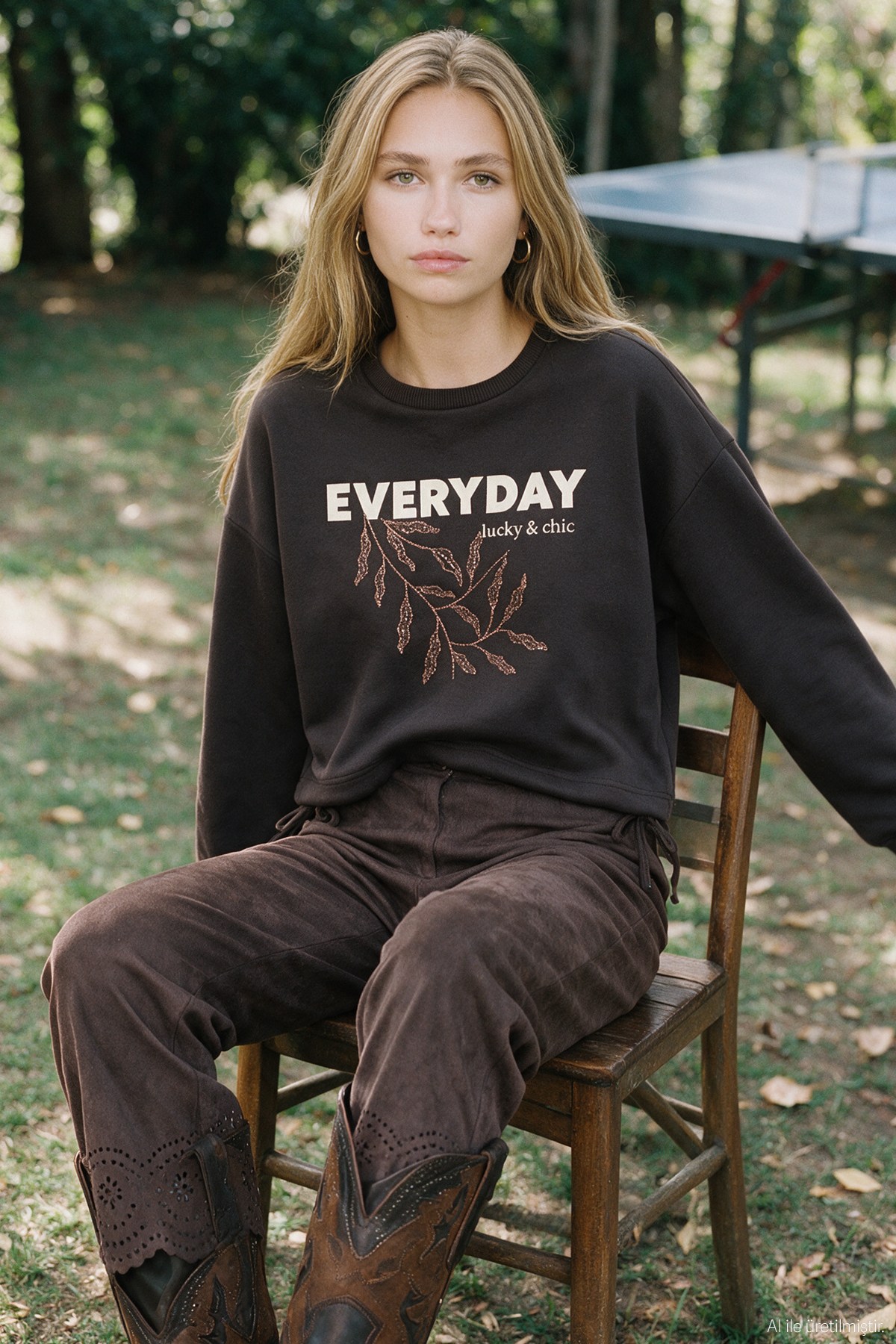 Quzu Nakış Detaylı Sweatshirt Kahve