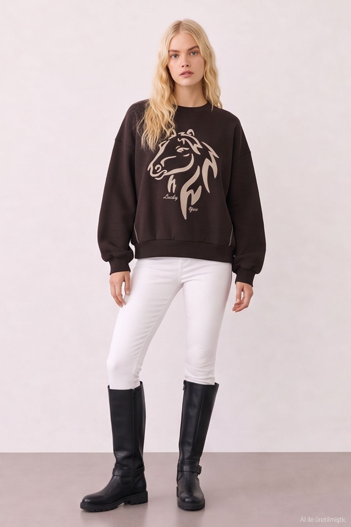 Quzu Nakış Detaylı Sweatshirt Kahve
