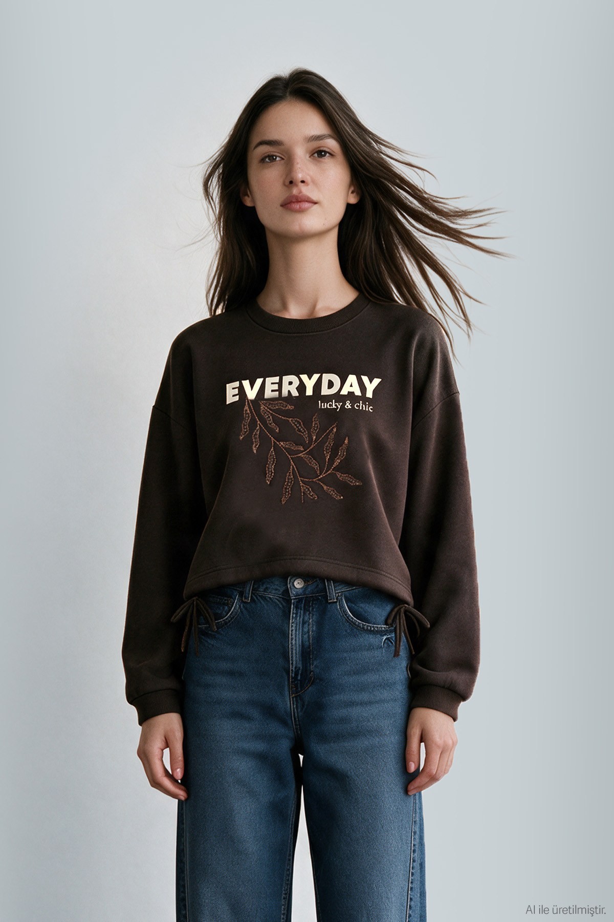 Quzu Nakış Detaylı Sweatshirt Kahve